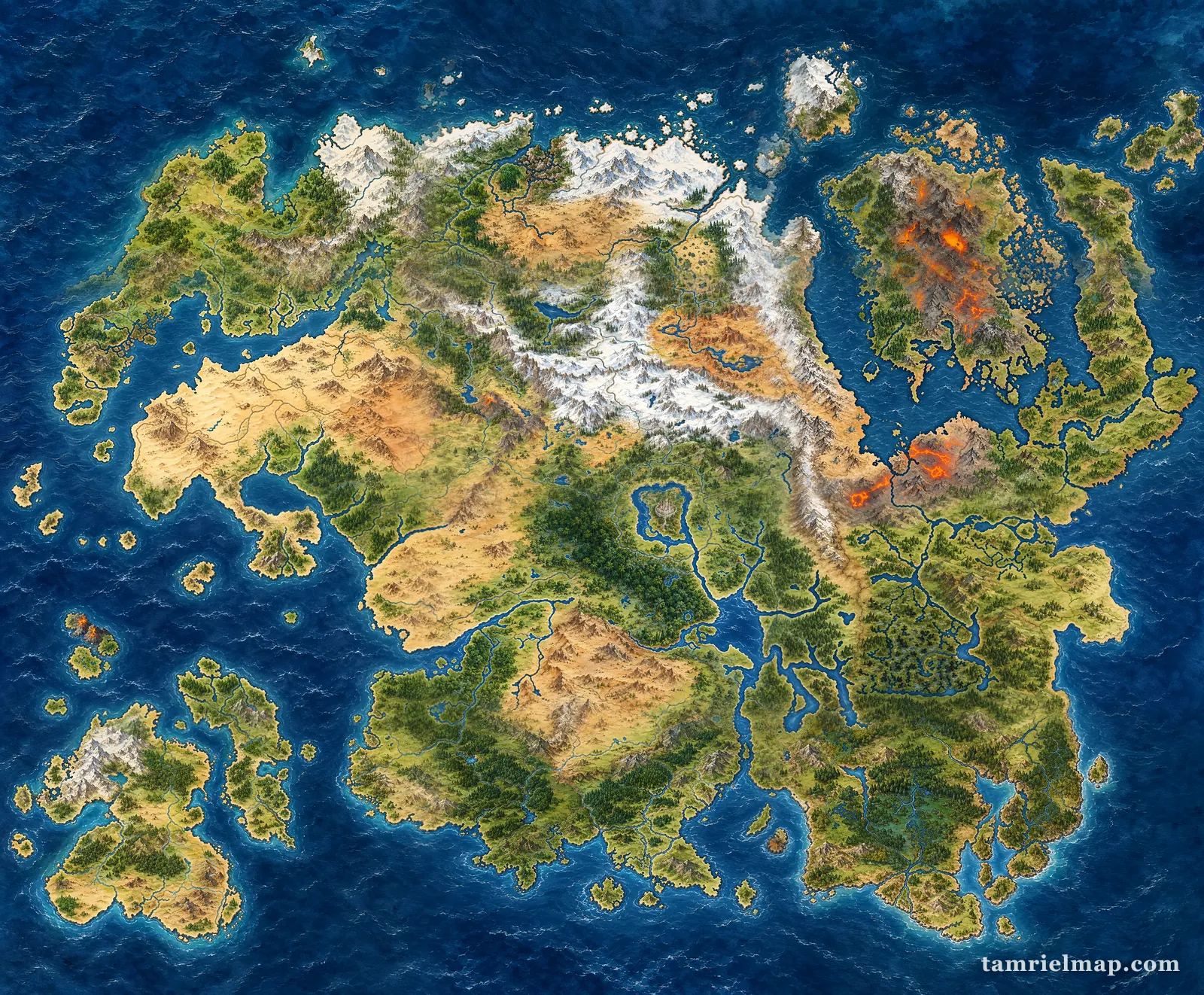 Detailed painted Tamriel map poster showing the terrain of all nine Elder Scrolls provinces without labels