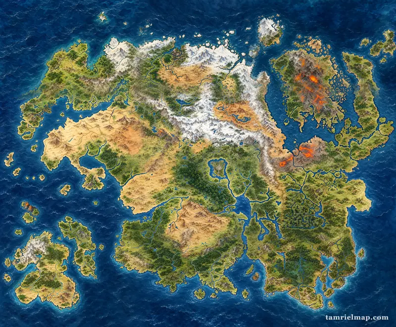 Detailed painted Tamriel map poster showing the terrain of all nine Elder Scrolls provinces without labels